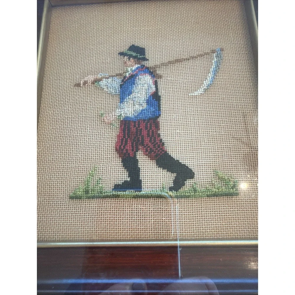 Vintage Framed Needlepoint Folk Art Peasant Figure Decorative Frame 5
